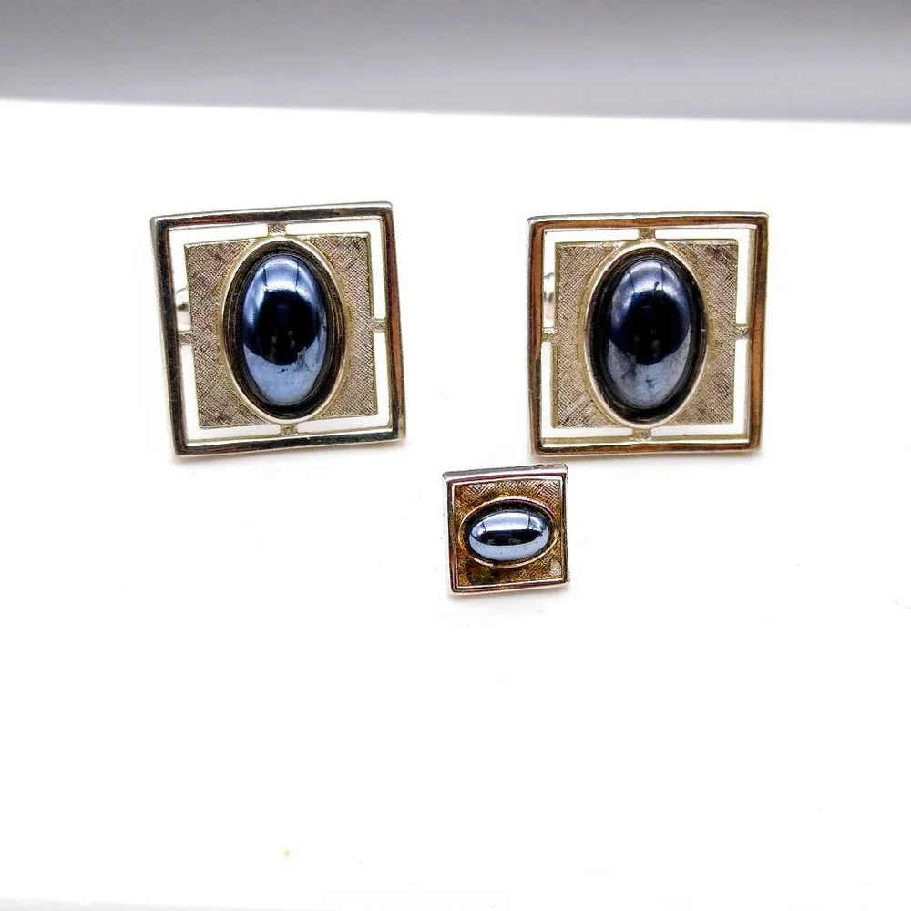 Vintage Anson Hematite Cuff Links and Tie Tack, Oval Cabochon Stone on Brushed